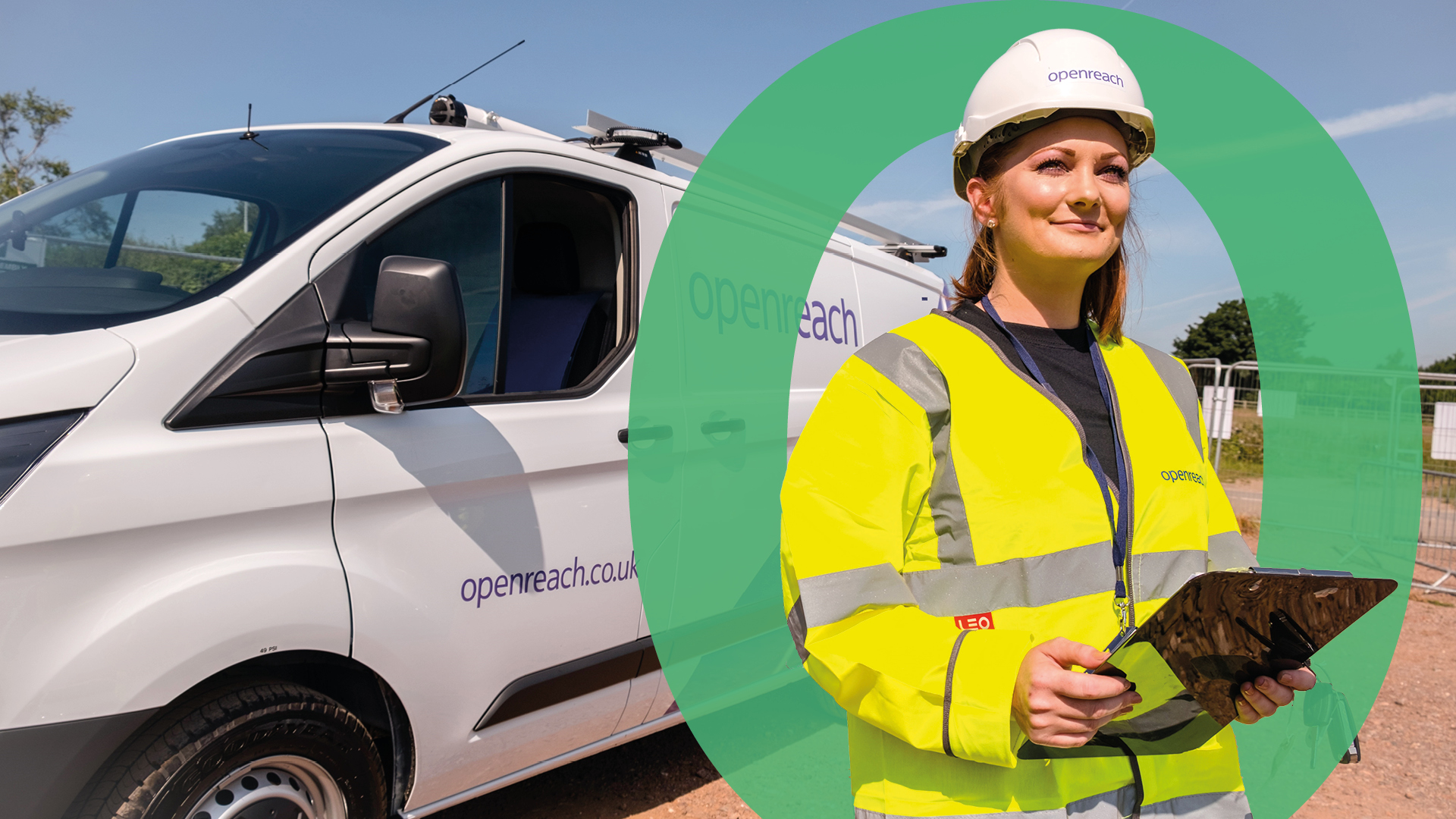 Female engineer standing next to her openreach van