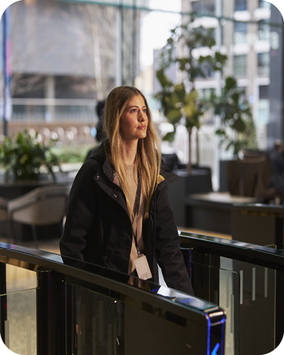 Female colleague entering office